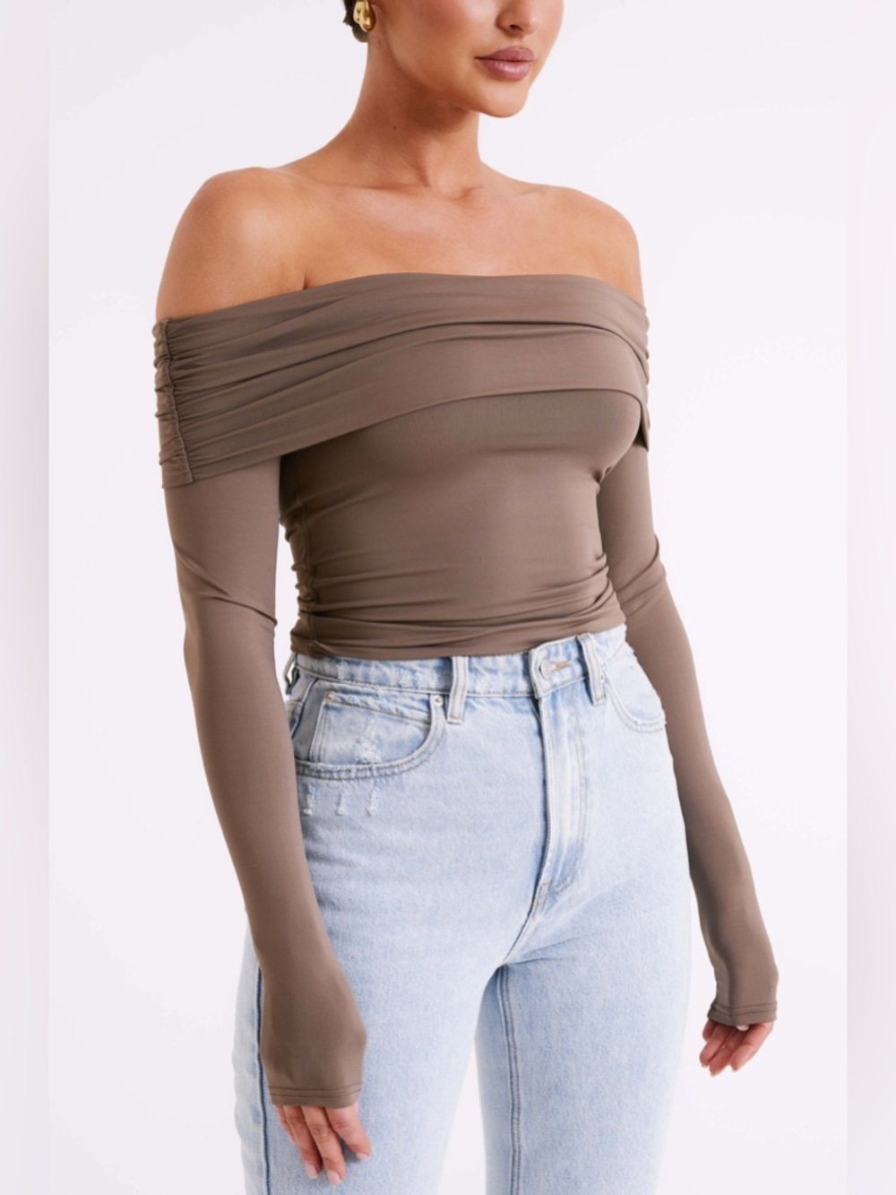 Meshki Off-Shoulder Long Sleeve Top Taupe stretch crop house of cb revolve med